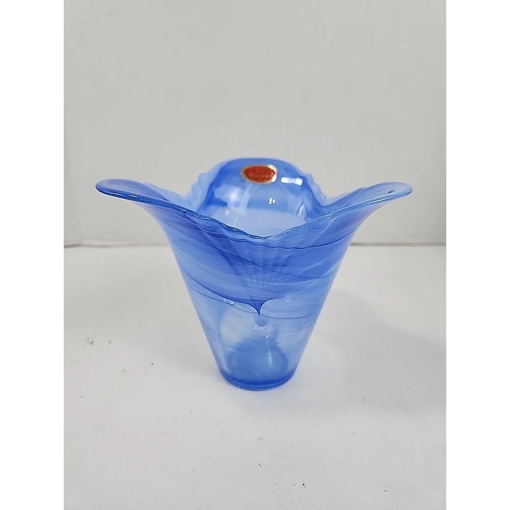 Vintage Lavorazione Murano Style Art Glass Blue Clear Swirl Ruffled Edge Vase